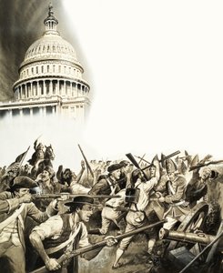 La guerra de independencia y, en la parte superior, el edificio del Congreso