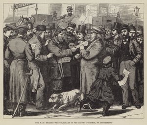 La guerra, leyendo telegramas de guerra en la Avenida Nevsky, San Petersburgo (grabado) de English School