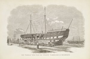 El Cascarón Guerrero con el Barco de Lavado de Azufre en la Distancia, de Las Prisiones Criminales de Londres y Escenas de la Vida en Prisión por Henry Mayhew y John Binny, 1862 de English School