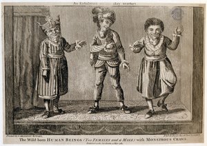 Los Seres Humanos Nacidos en la Naturaleza (Dos Mujeres y un Hombre) con Gargantas Monstruosas, como se Exhiben en el Haymarket, impreso para Carington Bowles, 1787 de English School