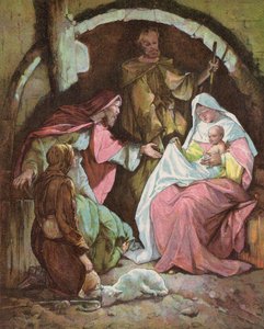 Los Reyes Magos encuentran al Niño Jesús (litografía en color) de English School