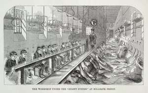 El Taller bajo el Sistema Silencioso en la Prisión de Millbank, de Las Prisiones Criminales de Londres y Escenas de la Vida en Prisión por Henry Mayhew y John Binny, 1862 de English School