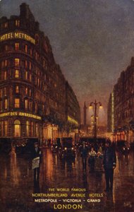The World Famous Northumberland Avenue Hotels, Metropole, Victoria, Grand, Londres (litografía en color)