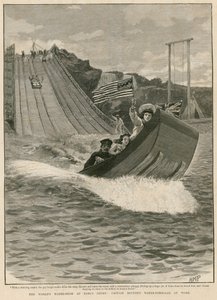 El espectáculo mundial de agua en Earls Court, Londres; el tobogán acuático del Capitán Boyton en acción de English School