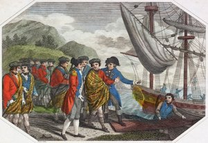 El joven pretendiente después de su derrota en Culloden embarcando hacia Francia (grabado en color) de English School