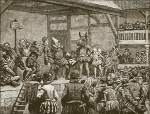 Representación de una obra de Shakespeare en tiempos de la reina Isabel, ilustración de la Historia Ilustrada de Inglaterra de Cassell de English School