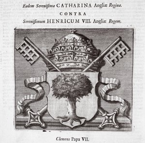 Las armas del Papa Clemente VII, ilustración de Hechos y Monumentos de John Foxe, novena edición, pub. 1684 de English School