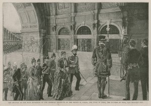 La llegada a la entrada principal del Instituto Imperial del Príncipe de Gales, el Duque de York, la Duquesa de Teck y la Princesa May de English School