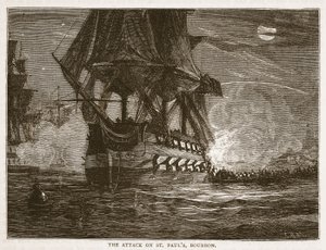 El ataque a St Pauls, Bourbon, ilustración de Cassells Illustrated History of India de James Grant, pub. 1879 de English School