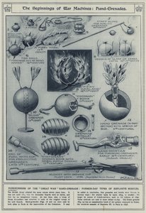 Los comienzos de las máquinas de guerra, granadas de mano, precursores de la granada de mano de la Gran Guerra, tipos de misiles explosivos de antaño de English School