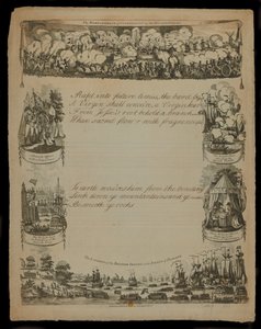 El bombardeo de Copenhague por las fuerzas británicas y el desembarco de las fuerzas británicas en la isla de Zelanda, publicado por T. y R. Hughes en 1807 de English School
