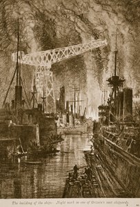 La construcción de los barcos: trabajo nocturno en uno de los vastos astilleros de Gran Bretaña, 1914-19