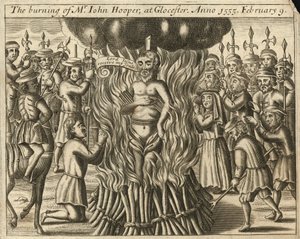 La quema del Sr. John Hooper en Glaucester, 9 de febrero de 1555 (grabado) de English School