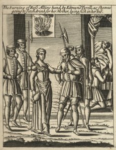 La quema de la mano de Rose Allins por Edmund Tyrell (grabado) de English School