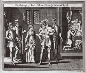La quema de la mano de Rose Allin por Edmund Tyrill, ilustración de Mártires de Fox c.1703