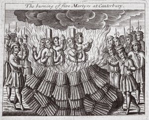 La quema de cinco mártires en Canterbury, ilustración de "Actas y Monumentos" de John Foxe, novena edición, pub. 1684 (litografía) de English School