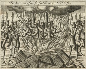 La quema de los mencionados seis hombres en Colchester (grabado) de English School
