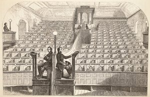 La capilla, en el sistema separado, en la prisión de Pentonville, durante el servicio divino, ilustración de Las prisiones criminales de Londres y escenas de la vida en prisión de Henry Mayhew y John Binny, pub. 1862 de English School