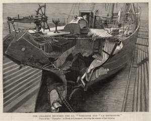 La colisión entre el SS Toreador y La Bourgogne; vista del Toreador en el muelle de Liverpool