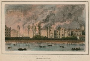 El incendio de ambas Cámaras del Parlamento visto desde el río a las 8 de la noche de English School