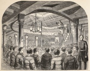 La capilla de convictos a bordo del casco de la Defensa en Woolwich, ilustración de Las prisiones criminales de Londres y escenas de la vida en prisión de Henry Mayhew y John Binny, pub. 1862