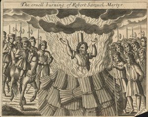 La cruel quema de Robert Samuel, mártir (grabado) de English School