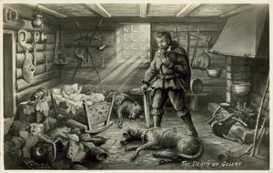 La muerte de Gelert, el perro de Llewellyn, escena del poema de William Robert Spencer Beth Gelert; o, la tumba del galgo de English School