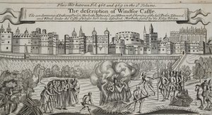 La descripción del Castillo de Windsor, ilustración de Hechos y Monumentos de John Foxe, novena edición, pub. 1684 de English School
