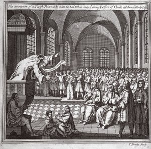 Descripción de un sacerdote papista, quien al quitar la Gloria y el oficio de Cristo, cayó repentinamente y murió, ilustración de Mártires de Fox c.1703 de English School