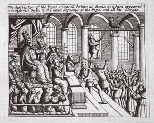 La descripción del Concilio del Papa celebrado en Roma, en el que apareció un búho monstruoso, para la completa desfiguración del Papa y todo su clero, ilustración de Hechos y Monumentos de John Foxe, novena edición