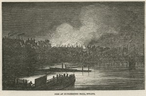 La destrucción por fuego de Hungerford Hall, Strand, Londres de English School