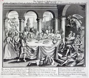 La mascarada diabólica, o la fiesta de los dragones como actuada por el Club del Fuego Infernal, en Somerset House en el Strand, c.1721 de English School