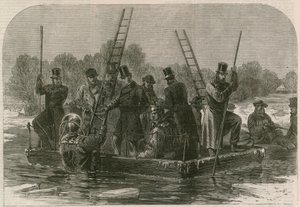 El desastre en el hielo en Regents Park; Buzos buscando a los muertos de English School