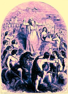 Los druidas incitan a los britanos a oponerse al desembarco de los romanos, ilustración de Cassells Illustrated Universal History de Edward Ollier, publicado en 1890 de English School