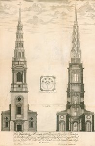 La elevación y perspectiva del extremo oeste del campanario de la iglesia de St Brides en Fleet Street, Londres