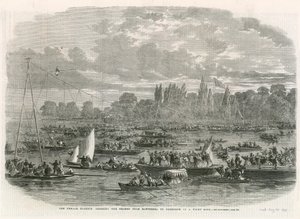La Blondin femenina cruzando el Támesis desde Battersea hasta Cremorne en una cuerda floja de English School