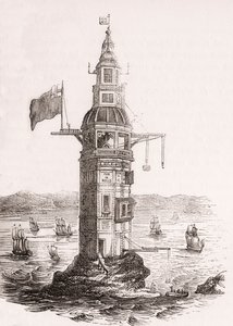 El primer faro erigido en Eddystone Rocks, Plymouth, Devon, Inglaterra. de English School