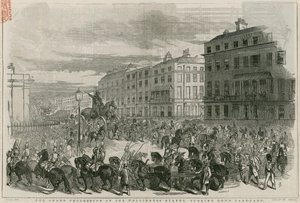 La gran procesión de la estatua de Wellington girando por Park Lane de English School