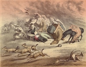 El gran desierto africano, caravana de camellos, caballos y burros, sorprendidos por el Simoom, gacelas asustadas de English School