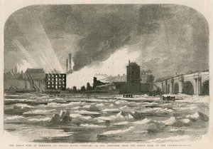 El gran incendio en Bankside la noche del viernes, 14 de febrero de 1855, esbozado desde la orilla norte del Támesis de English School