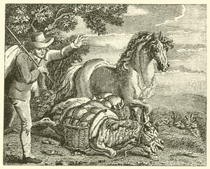 El caballo y el asno cargado (grabado) de English School
