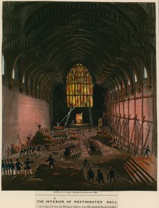 El interior del Westminster Hall como apareció cuando las Cámaras del Parlamento fueron destruidas por el fuego de English School