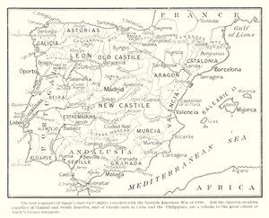Los últimos vestigios del otrora vasto imperio español desaparecieron con la guerra hispano-estadounidense de 1898 (lito) de English School