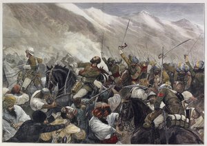 La última guerra afgana: Muerte del Mayor Wigram Battye en la batalla de Futtehabad el 30 de abril (grabado en color) de English School