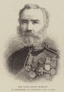 El difunto Mayor McBlain, Cuartelmaestre del 1er Batallón de la Guardia Escocesa (grabado) de English School