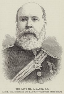 El difunto Sr. C Manby, CE, Teniente Coronel Ingeniero y Voluntario del Cuerpo de Ferrocarriles (grabado)