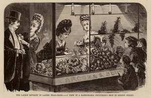 La última novedad en tocados femeninos, vista de una frutería de moda en regent street (grabado) de English School