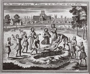 La manera de enterrar a Wm Wiseman en los campos, quien murió en prisión, ilustración de Mártires de Fox c.1703