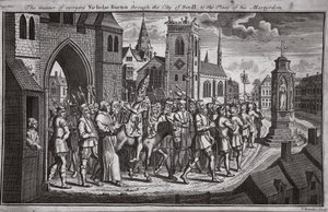 La manera de llevar a Nicholas Burton por la ciudad de Sevilla al lugar de su martirio, ilustración de Mártires de Fox c.1703 de English School