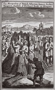 El martirio de Ralph Allerton James Austoo, Margery Austoo y Richard Roth en Islington, ilustración de 